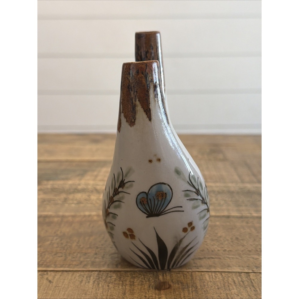Vintage Tonala Mexico Double Spout Ceramic Vase 5 ¾" Folk Art Pottery Unsigned - Picture 4 of 10